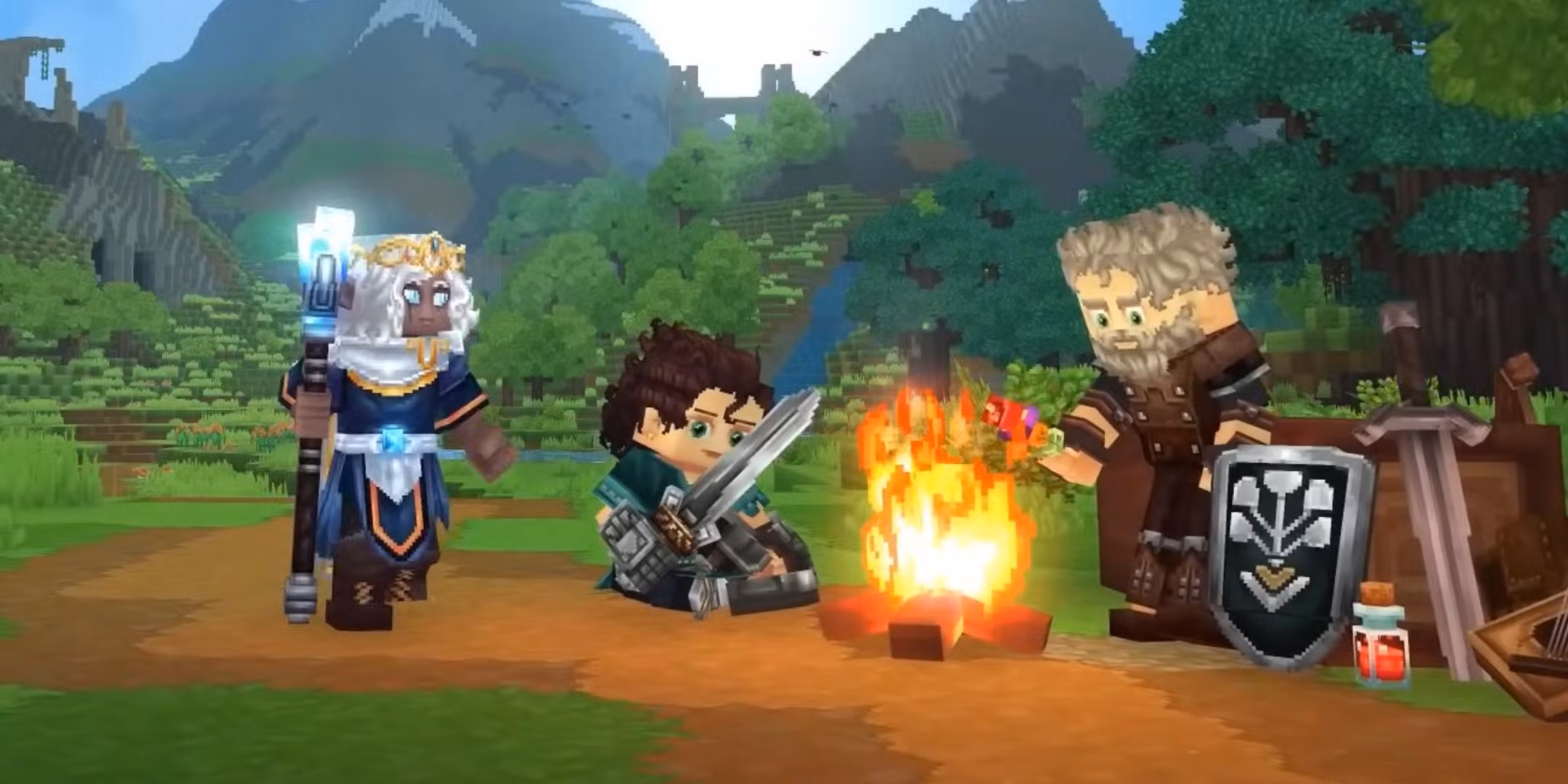 Three Hytale characters standing in front of a campfire - EVERTRAIL server adventure awaits